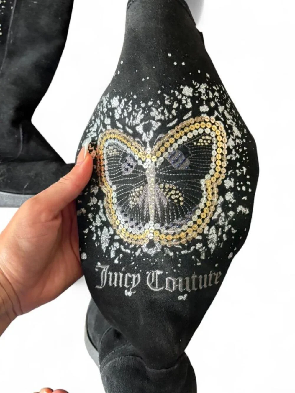 Juicy Couture black suede boots with gold & white butterfly graphic size 7